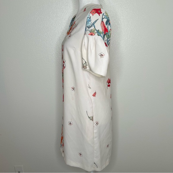 ZARA Cream & Red Floral V-Neck Shift Mini Dress Puff Sleeve Size S With Pockets - Picture 4 of 8